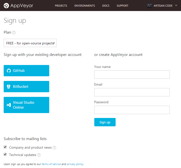 Screenshot showing how to sign up to AppVeyor